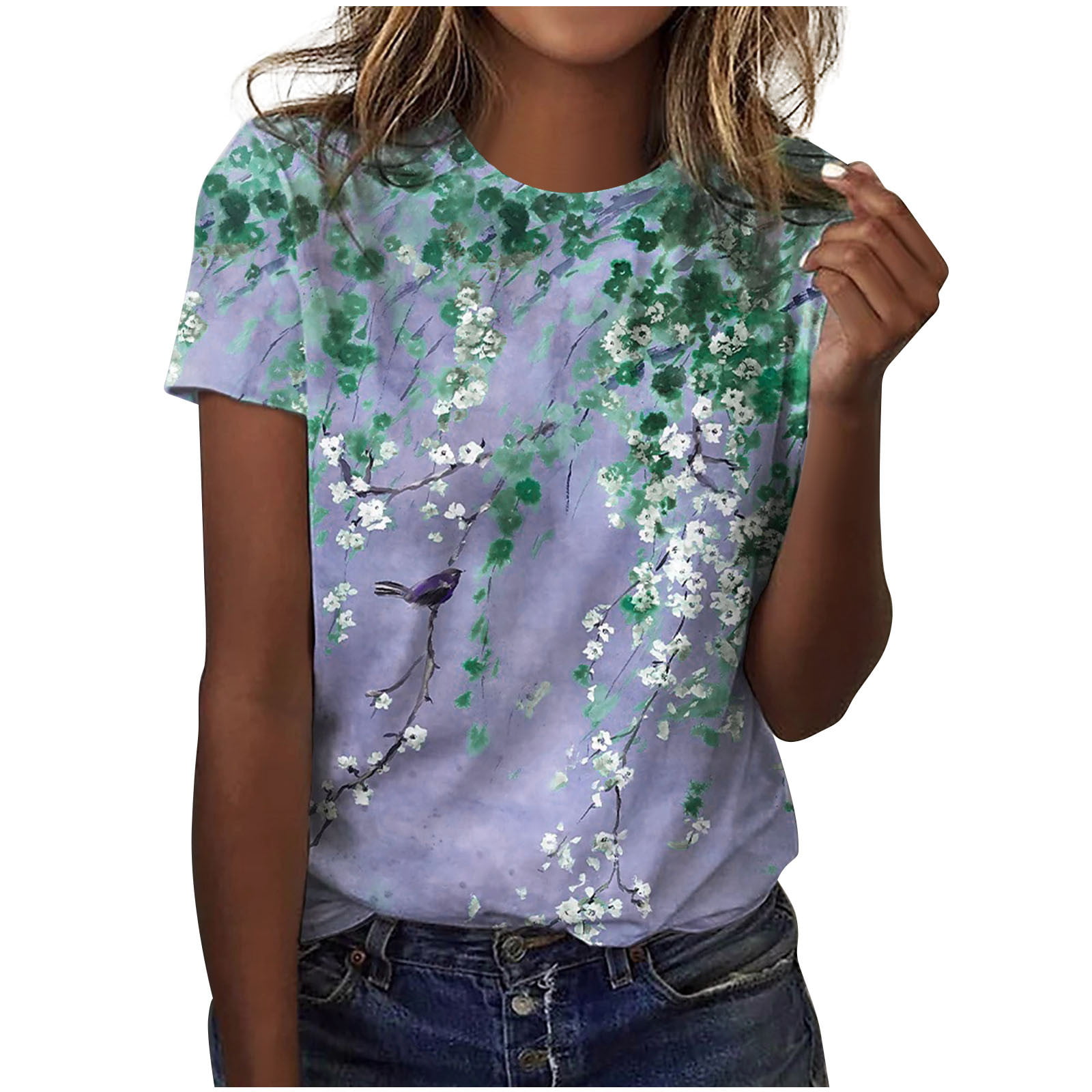 Cute Summer Tops for Women Plus Size Tops Crew Neck Floral Print Short  Sleeve T-Shirt Tops Casual Loose Blouse Tops 