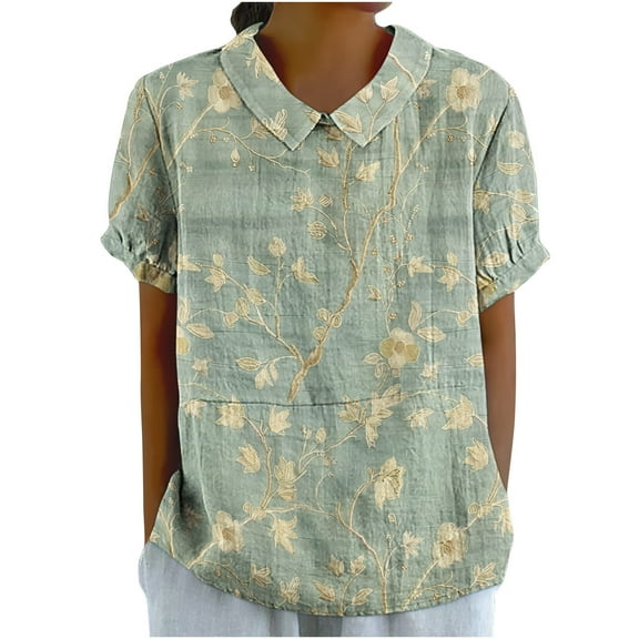 Cute Summer Tops for Women Retro Linen Short Sleeve Floral Graphic Tees Pater Pan Collar Pullover Fashion Blouses S-XXXL, Army Green, XXL