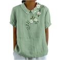 thumbnail image 1 of Cute Summer Tops for Women Retro Linen Short Sleeve Floral Graphic Tees Pater Pan Collar Pullover Fashion Blouses S-XXXL, Army Green, XXXL, 1 of 5