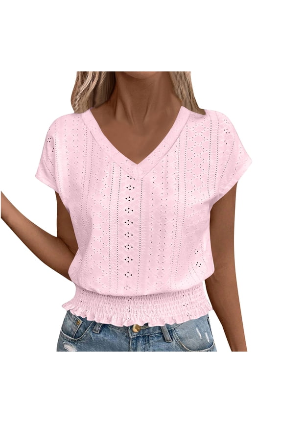 Cute Summer Tops for Women Ruffle Smocked Hem Cap Short Sleeve V Neck Eyelet Blouse Cropped Tees Loose Fit (2XL, Pink)