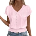 thumbnail image 1 of Cute Summer Tops for Women Ruffle Smocked Hem Cap Short Sleeve V Neck Eyelet Blouse Cropped Tees Loose Fit (M, Pink), 1 of 6