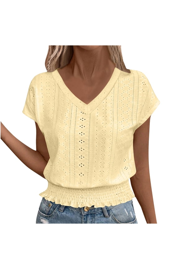 Cute Summer Tops for Women Ruffle Smocked Hem Cap Short Sleeve V Neck Eyelet Blouse Cropped Tees Loose Fit (XL, Yellow)