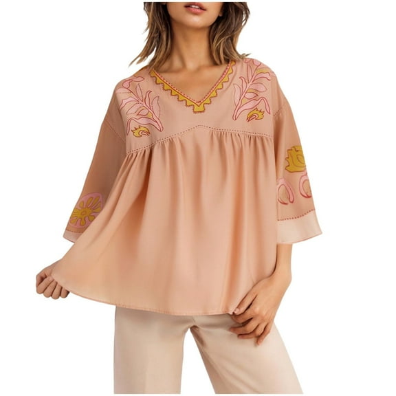 Cute Summer Tops for Women Trendy Floral Print Colorblock V Neck Babydoll Shirt 3/4 Sleeve Flowy Blouse (XL, Khaki)