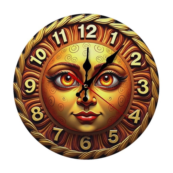 Cute Sun Face Wall Clock 10 Inch Silent Non Ticking Round Wooden Clock Decoration for Living Room Kitchen Bedroom Bathroom Office Classroom