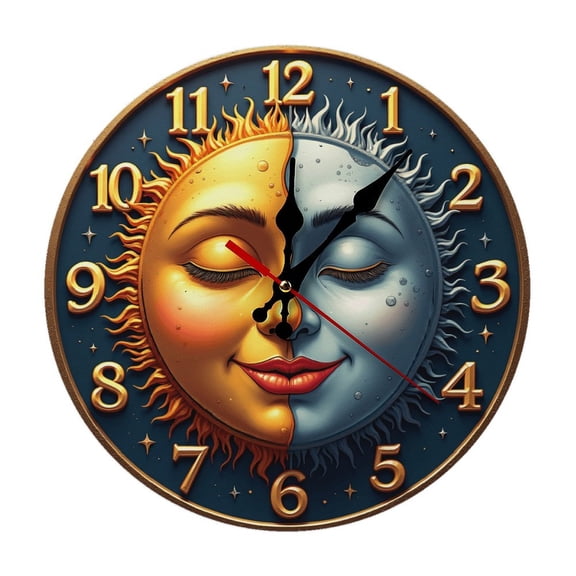 Cute Sun Moon Face Wall Clock 10 Inch Silent Non Ticking Round Clock Decoration for Living Room Kitchen Bedroom Bathroom Office Classroom