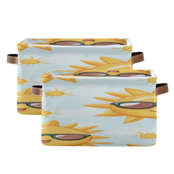 Cute Sun with Sunglasses Square Storage Bins with Handles Collapsible Containing Box 2 Packs
