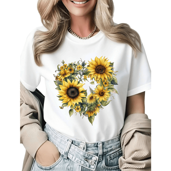Cute Sunflower Heart Botanical Graphic Tees Womans T-shirt Shirts Black White S-5XL Tops