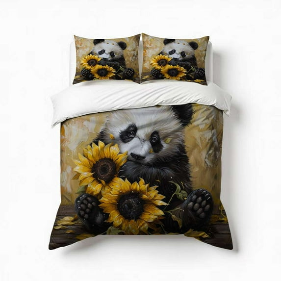 Cute Sunflower Panda Bear Bedding Set 3 Pcs Soft Microfiber Quilt Cover For Bedroom Decor, Comforter Cover With 2 Pillowcase