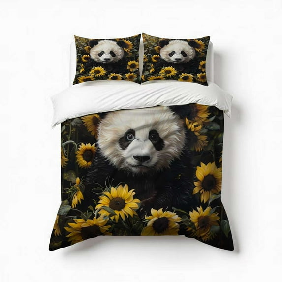 Cute Sunflower Panda Bear Bedding Set 3 Pcs Soft Microfiber Quilt Cover For Bedroom Decor, Comforter Cover With 2 Pillowcase