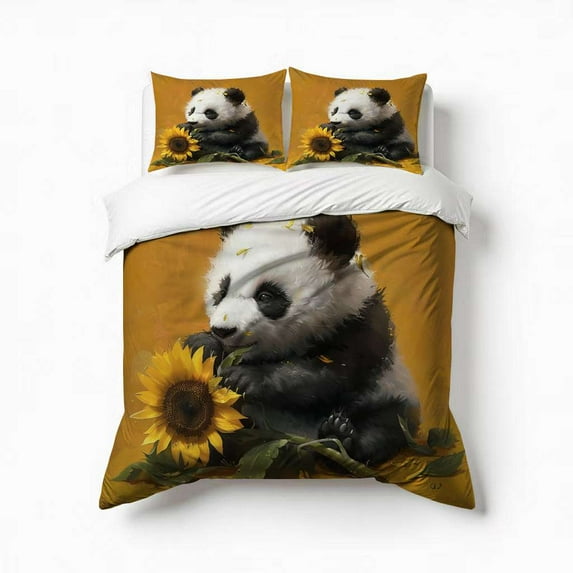 Cute Sunflower Panda Bear Bedding Set 3 Pcs Soft Microfiber Quilt Cover For Bedroom Decor, Comforter Cover With 2 Pillowcase