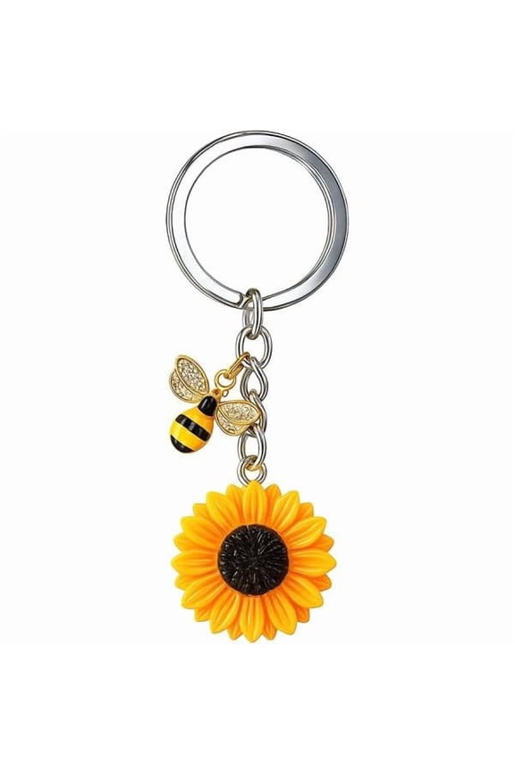 Cute Sunflower and Bee Keychain | Resin Sunflower Key Ring with Rhinestone Bee Charm | Inspirational Floral Keychain for Women Girls, Birthday Gift