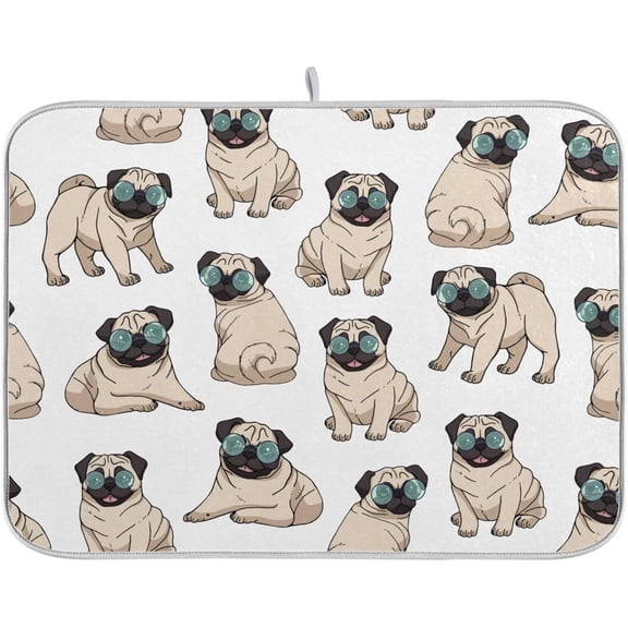 Cute Sunglasses Pug Dogs Dish Drying Mat for Kitchen Counter Drying Mats Super Absorbent Dish Drying Pad Large with Hanging Loop for Pots and Pans Dishes 18"x24"