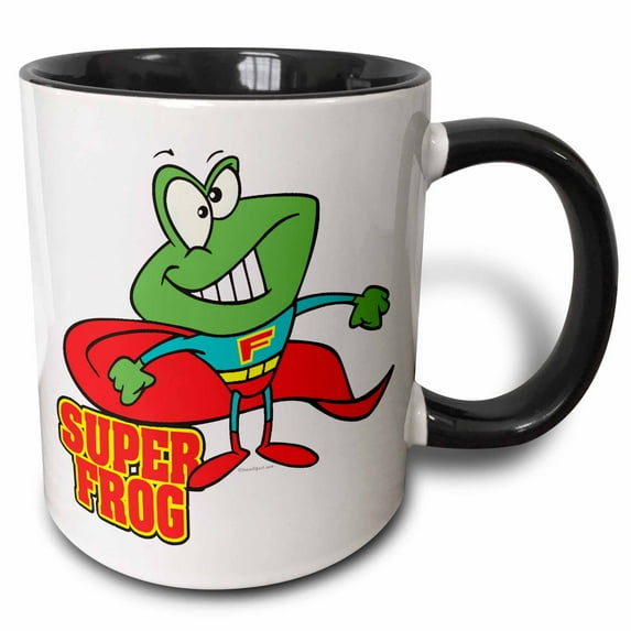 3drose, Cute Super Frog Superhero Cartoon, 11oz Two-tone Black Mug