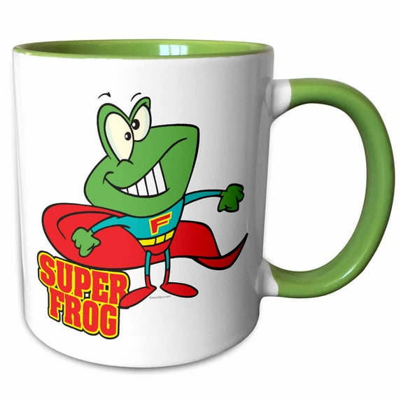 3drose, Cute Super Frog Superhero Cartoon, 15oz Two-tone Green Mug