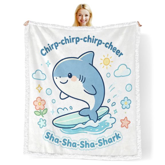 Cute Surfing Shark Sherpa Throw Blanket, Cartoon Ocean Shark Print Reversible Fleece Blanket, Cozy Warm Decor Blanket for Couch Bedroom Sofa, Holiday Gift