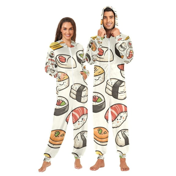 Cute Sushi Adult Onesie Pajamas Slim Fit Christmas One Piece Suit Pjs for Women and Men Hooded Zipper