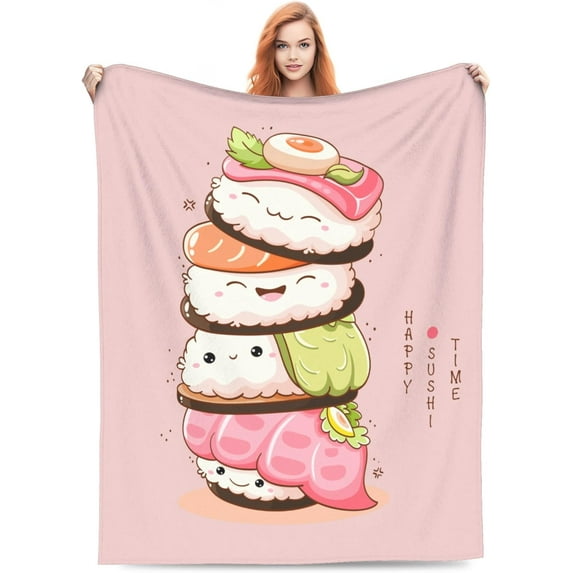 Cute Sushi Blanket Pink Japanese Food Kawaii Roll Smiling Faces Throw Blankets Gifts for Kids Adults Lightweight Soft Fleece Cozy for Sofa Couch Bed Room Birthday Decor 60x80in