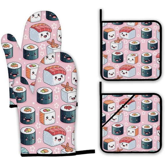 Cute Sushi Roll Japanese Oven Mitts and Pot Holders Set,Kitchen Decor Heat Resistant Non Slip Hot Pads and Oven Mitt for Chef Cooking Baking BBQ Mom Girl Gifts(4 Piece Set)