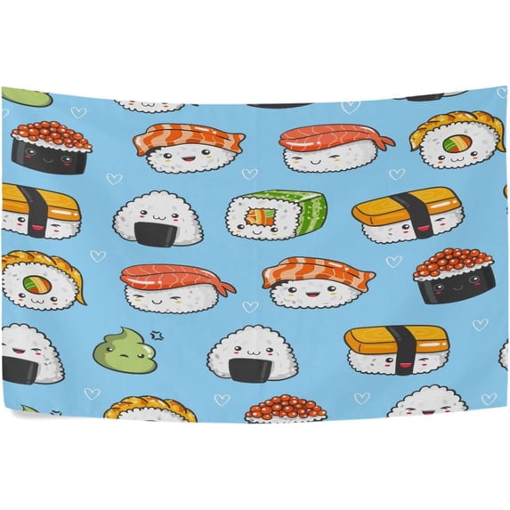 Cute Sushi Tapestry Wall Hanging Tapestries Happy Colorful Hippie Psychedelic Art Polyester Carpet Wall Decorative for Living Room Bedroom 80x60inch Home Decor Gifts