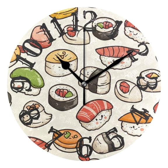 Cute Sushi Wall Clock 10 inch Non-Ticking Easy to Read Decorative Clocks for Home Bedroom Living Room