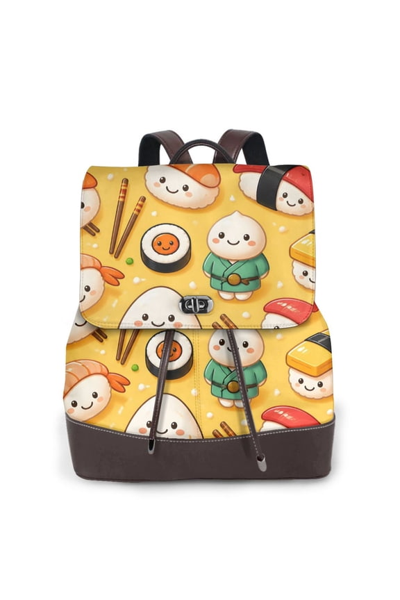 Cute Sushi Women's Leather Backpack All-Over Print Bag for Work and Travel