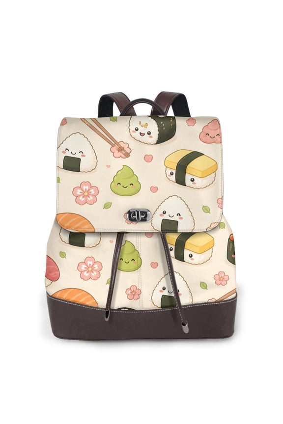 Cute Sushi Women's Leather Backpack All-Over Print Bag for Work and Travel