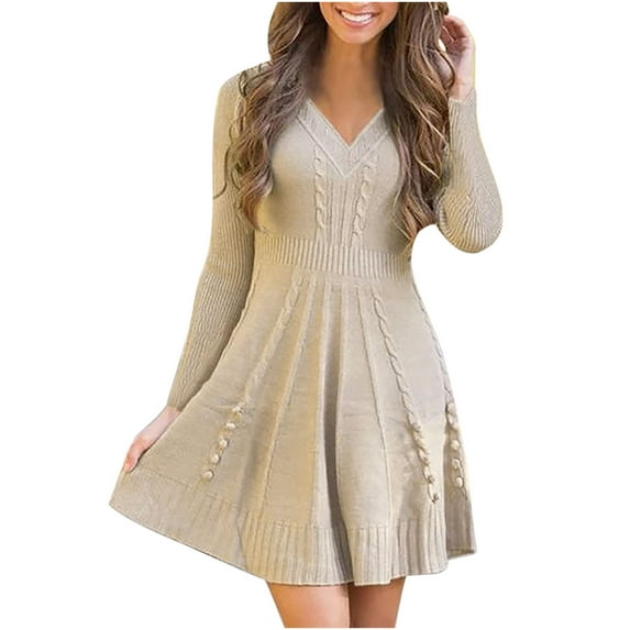 Cute Sweater Dress for Women Long Sleeve V Neck Fit and Flare Dresses Women Knee Length Casual Knit Dress for Fall