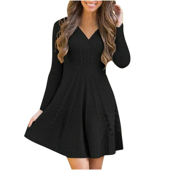 Cute Sweater Dress for Women Long Sleeve V Neck Fit and Flare Dresses Women Knee Length Casual Knit Dress for Fall