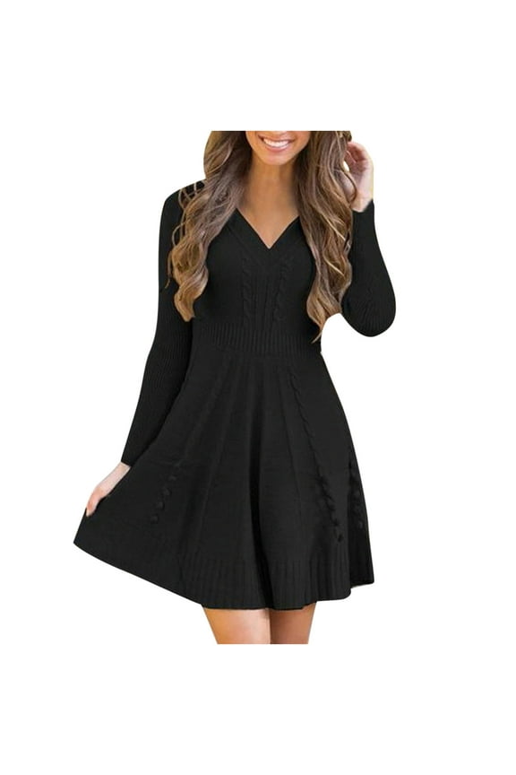 Cute Sweater Dress for Women Long Sleeve V Neck Fit and Flare Dresses Women Knee Length Casual Knit Dress for Fall