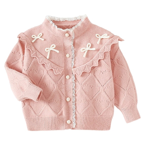 Cute Sweater For Girls Stand Collar Button Down Long Sleeve Soft Comfy Stylish Lace Patchwork Cardigan With Bow (8 Years, Pink)
