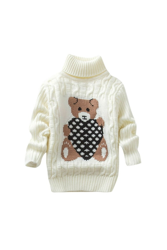 Cute Sweater Girls Fleece Lined Turtleneck Long Sleeve Cable Knit Sweater Bear Print Thick Winter Warm Knitwear Tops, White, 9 Years