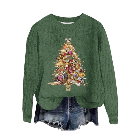 Cute Sweater Women Christmas Tree Long Sleeve Crewneck Knitted Oversize Loose Fit Pullover Tops
