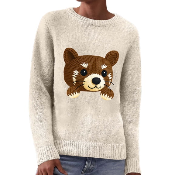 Cute Sweater Women Knit Cute Animal Graphic Long Sleeve Crewneck Warm Sweaters Beige