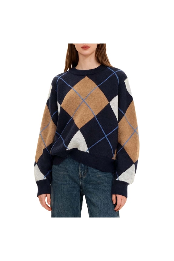 Cute Sweater Women Diamond Grid Vintage Patchwork Knitted Long Sleeve Trendy Clothes 2025 Khaki