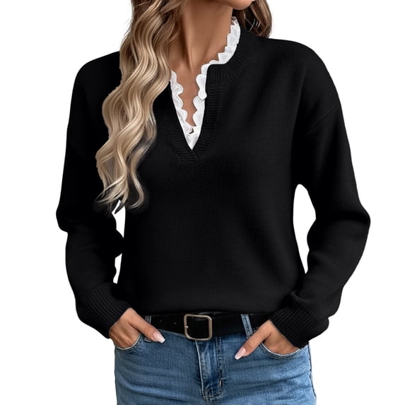 Cute Sweater Women Elegant Lace Trim V Neck Knitted Long Sleeve Cropped Cozy Sweaters Black