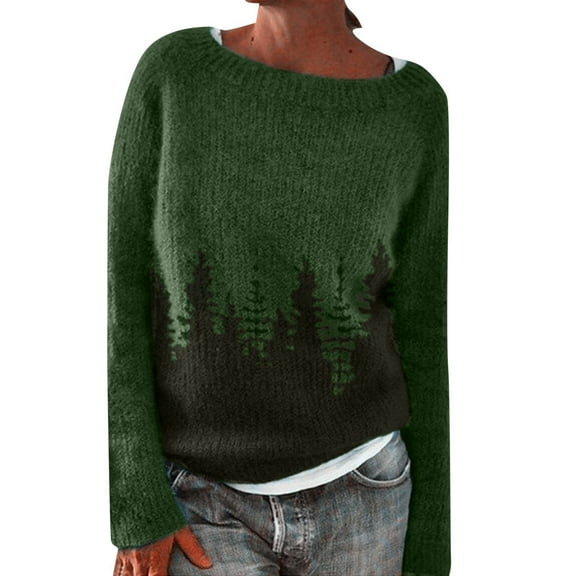 Cute Sweater Women Ethnic Style Long Sleeve Crew Neck Casual Print Knitted Color Block Pullover Tops