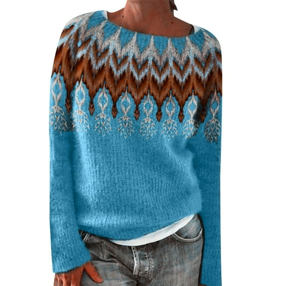Cute Sweater Women Ethnic Style Long Sleeve Crew Neck Casual Print Knitted Color Block Winter Sweaters