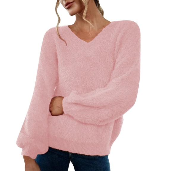 Cute Sweater Women Fuzzy Knit Solid Warm Knit Long Sleeve Crewneck Loose Slim Fall Winter Clothes