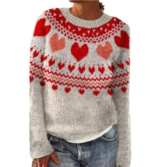 Cute Sweater Women Heart Stripe Color Block Vintage Knitted Long Sleeve Crewneck Plus Size Fall Knitwear