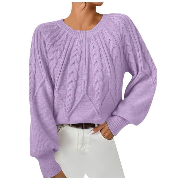 Cute Sweater Women Lantern Long Sleeve Solid Ribbed Knitted Warm Dressy Casual Crew Neck Pullover Tops