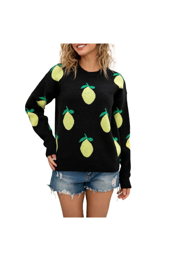 Cute Sweater Women Lemon Fruit Print Knitted Long Sleeve Crew Neck Casual 2025 Fall Outfits