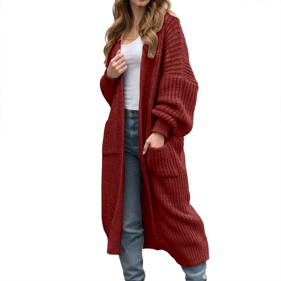 Cute Sweater Women Oversize Long Open Front Cardigan With Pocket Solid Color Loose Fit Knitted Fall Knitwear