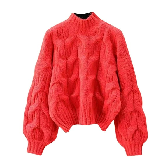 Cute Sweater Women Oversize Loose Casual Cable Knitted Long Sleeve Crewneck Cropped Jumper Top