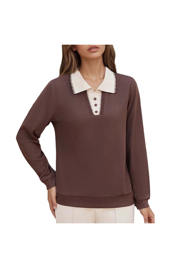 Cute Sweater Women Patchwork Button Lapel Knitted Long Sleeve Loose Fit Pullover Tops Coffee
