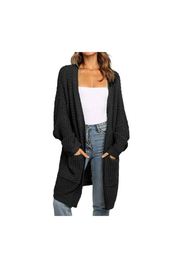 Cute Sweater Women Patchwork Long Sleeve Open Front Knitted Loose Fit Mid-Length Cardigan Wth Pocket Pullover Tops