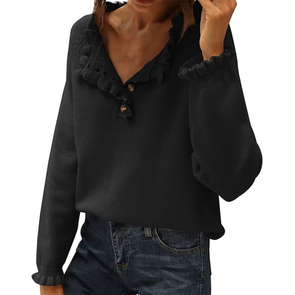 Cute Sweater Women Ruffle Lapel Half Button Long Sleeve V Neck Casual Slim Knitted Fall Knitwear