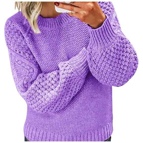 Cute Sweater Women Solid Cable Ribbed Knitted Long Sleeve Crew Neck Casual Jumper Top