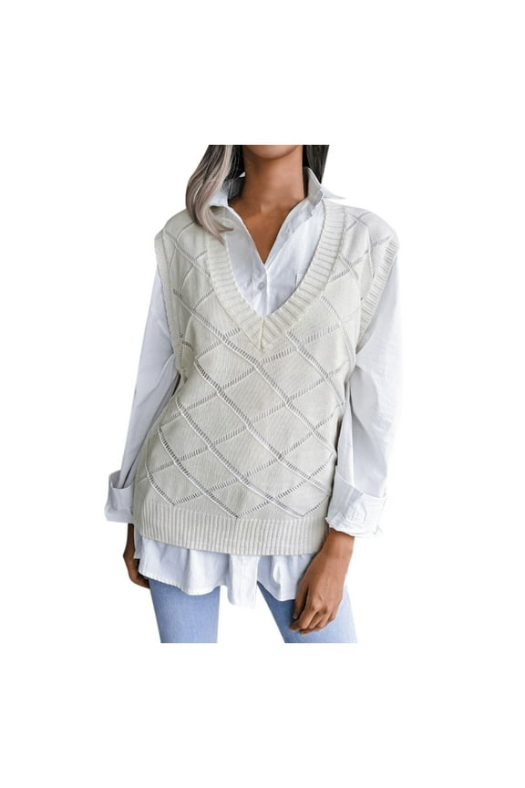 Cute Sweater Women Solid Color V-neck Knit Vest Cable Knitted Sleeveless Checked Fall Knitwear