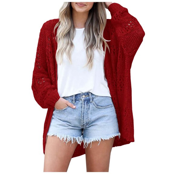 Cute Sweater Women Solid Hollow Out Knitted Cadigan Loose Fit Open Front Shawl Fall Sweaters