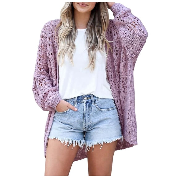 Cute Sweater Women Solid Hollow Out Knitted Cadigan Loose Fit Open Front Shawl Jumper Top